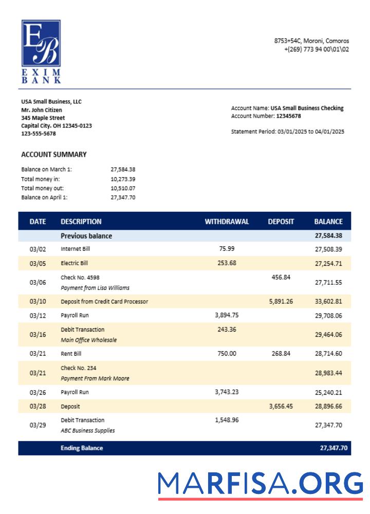 Printable Comoran Exim bank enterprise account statement Word and PDF format real example